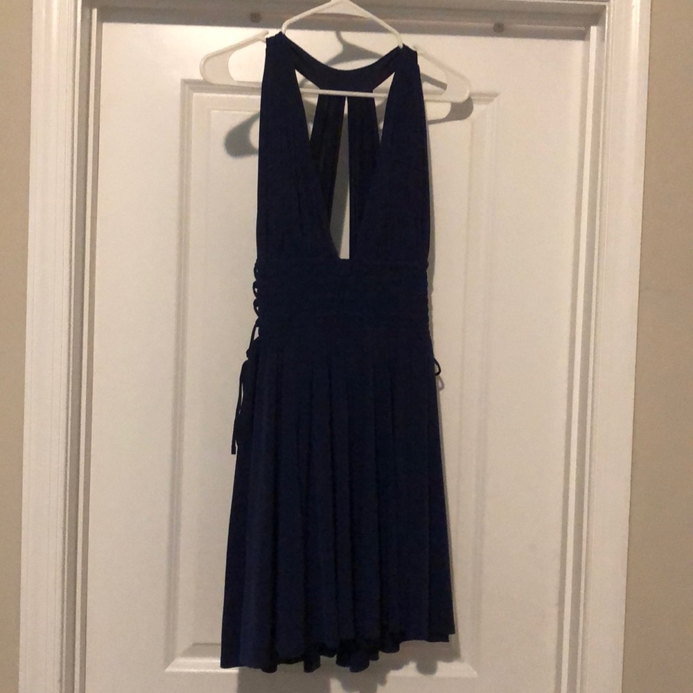 Navy Skater Dress with Plunge Neckline w Cutouts